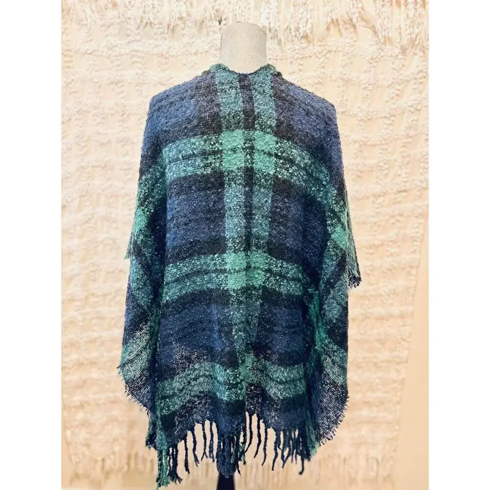 Handmade knit poncho shawl wrap fringe  green blue plaid boho indie cottagecore